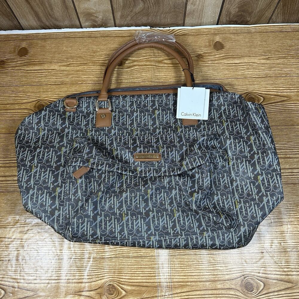 Calvin Klein Brown Canvas Travel Tote Overnight Bag With Adjustable Strap NWT